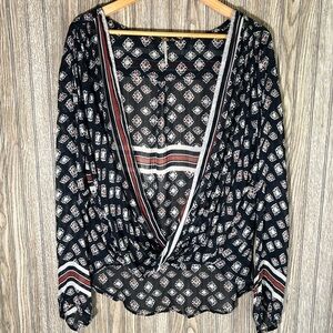 Free People Black White Red Striped Pattern Sheer Wrap Long Sleeve Blouse